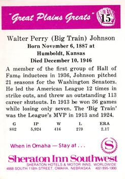 1975 Sheraton Great Plains Greats #15 Walter Johnson Back