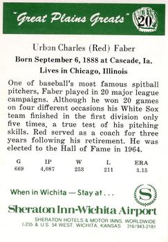 1975 Sheraton Great Plains Greats #20 Red Faber Back