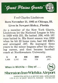 1975 Sheraton Great Plains Greats #23 Fred Lindstrom Back