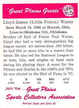 1975 Sheraton Great Plains Greats #25 Lloyd Waner Back