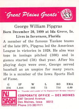 1975 Sheraton Great Plains Greats #33 George Pipgras Back