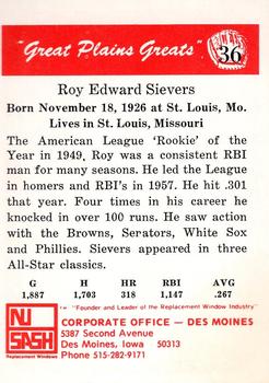 1975 Sheraton Great Plains Greats #36 Roy Sievers Back