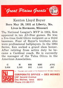 1975 Sheraton Great Plains Greats #37 Ken Boyer Back