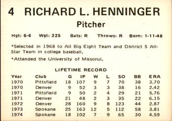 1975 Oklahoma City 89ers #4 Richard Henninger Back