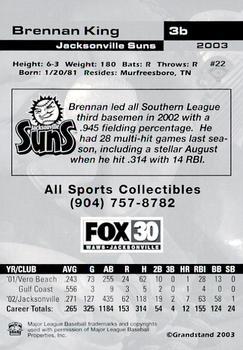 2003 Grandstand Jacksonville Suns #NNO Brennan King Back