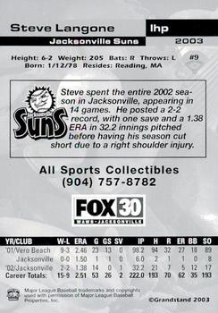 2003 Grandstand Jacksonville Suns #NNO Steve Langone Back