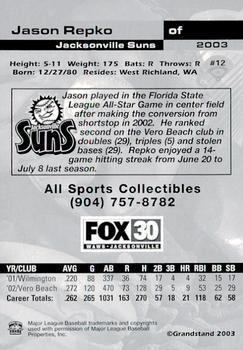 2003 Grandstand Jacksonville Suns #NNO Jason Repko Back