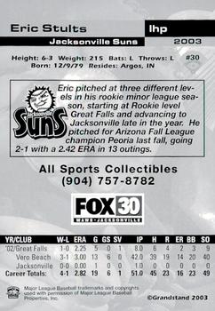 2003 Grandstand Jacksonville Suns #NNO Eric Stults Back