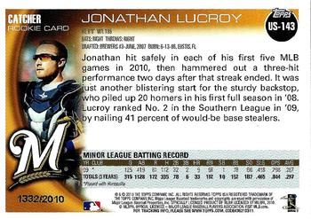 2010 Topps Update - Gold #US-143 Jonathan Lucroy Back