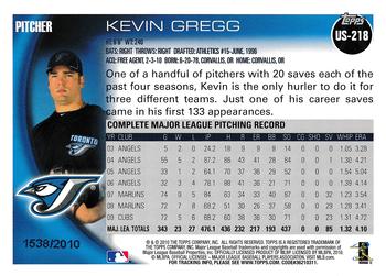 2010 Topps Update - Gold #US-218 Kevin Gregg Back