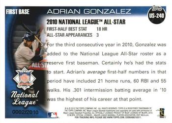 2010 Topps Update - Gold #US-240 Adrian Gonzalez Back
