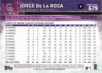 2015 Topps - Gold #679 Jorge De La Rosa Back
