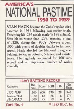1985 Big League Collectibles America's National Pastime #4 Stan Hack Back
