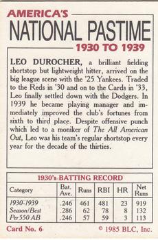 1985 Big League Collectibles America's National Pastime #6 Leo Durocher Back
