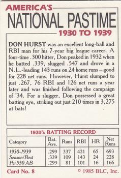 1985 Big League Collectibles America's National Pastime #8 Don Hurst Back
