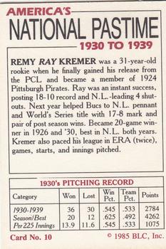 1985 Big League Collectibles America's National Pastime #10 Remy Ray Kremer Back