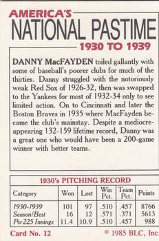 1985 Big League Collectibles America's National Pastime #12 Danny MacFayden Back
