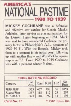 1985 Big League Collectibles America's National Pastime #13 Mickey Cochrane Back