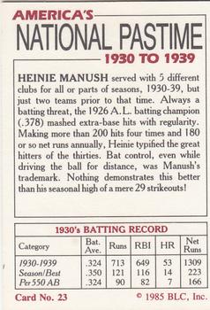 1985 Big League Collectibles America's National Pastime #23 Heinie Manush Back