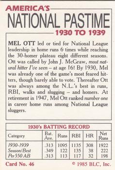 1985 Big League Collectibles America's National Pastime #46 Mel Ott Back