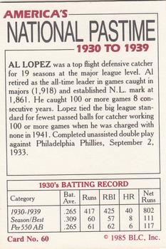 1985 Big League Collectibles America's National Pastime #60 Al Lopez Back