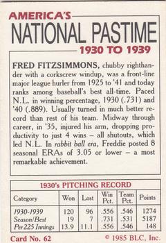 1985 Big League Collectibles America's National Pastime #62 Fred Fitzsimmons Back