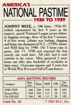 1985 Big League Collectibles America's National Pastime #16 Johnny Mize Back