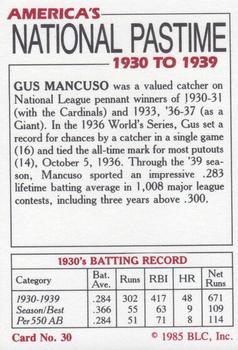 1985 Big League Collectibles America's National Pastime #30 Gus Mancuso Back