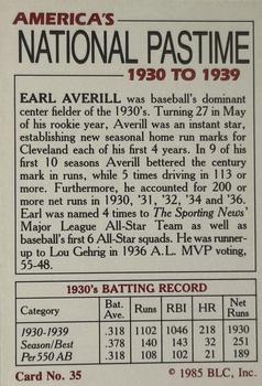 1985 Big League Collectibles America's National Pastime #35 Earl Averill Back