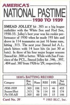 1985 Big League Collectibles America's National Pastime #39 Smead Jolley Back
