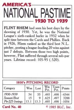 1985 Big League Collectibles America's National Pastime #40 Flint Rhem Back