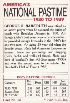 1985 Big League Collectibles America's National Pastime #54 Babe Ruth Back