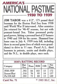 1985 Big League Collectibles America's National Pastime #71 Jim Tabor Back