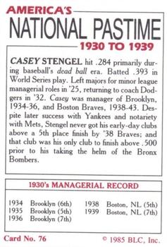 1985 Big League Collectibles America's National Pastime #76 Casey Stengel Back