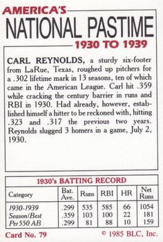 1985 Big League Collectibles America's National Pastime #79 Carl Reynolds Back