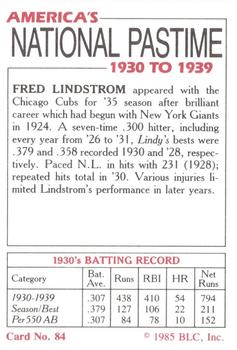 1985 Big League Collectibles America's National Pastime #84 Fred Lindstrom Back