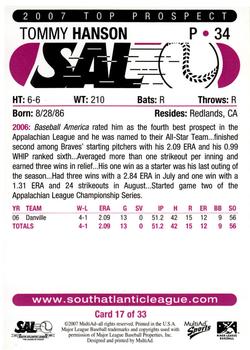 2007 MultiAd South Atlantic League Top Prospects #17 Tommy Hanson Back