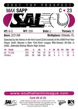 2007 MultiAd South Atlantic League Top Prospects #29 Max Sapp Back