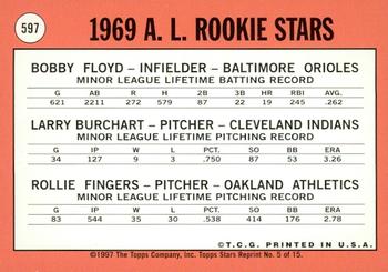 1997 Topps Stars - Autographed Rookie Reprints #5 A.L. 1969 Rookie Stars (Bob Floyd / Larry Burchart / Rollie Fingers) Back