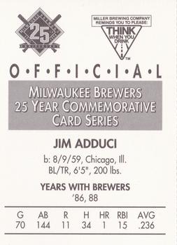 1994 Miller Brewing Milwaukee Brewers #NNO Jim Adduci Back