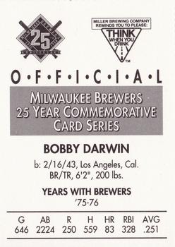 1994 Miller Brewing Milwaukee Brewers #NNO Bobby Darwin Back
