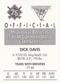 1994 Miller Brewing Milwaukee Brewers #NNO Dick Davis Back