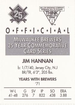 1994 Miller Brewing Milwaukee Brewers #NNO Jim Hannan Back