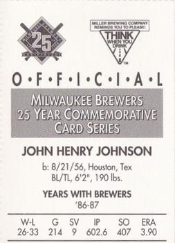 1994 Miller Brewing Milwaukee Brewers #NNO John Henry Johnson Back