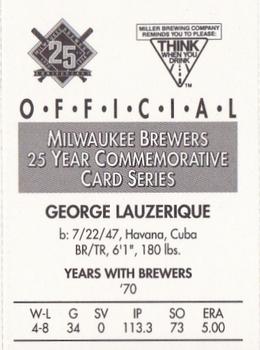 1994 Miller Brewing Milwaukee Brewers #NNO George Lauzerique Back