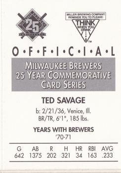 1994 Miller Brewing Milwaukee Brewers #NNO Ted Savage Back