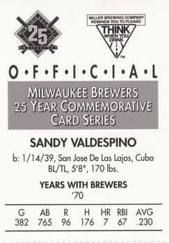 1994 Miller Brewing Milwaukee Brewers #NNO Sandy Valdespino Back