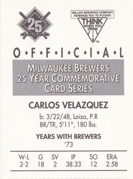 1994 Miller Brewing Milwaukee Brewers #NNO Carlos Velazquez Back