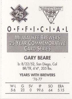 1994 Miller Brewing Milwaukee Brewers #NNO Gary Beare Back