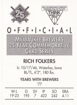 1994 Miller Brewing Milwaukee Brewers #NNO Rich Folkers Back